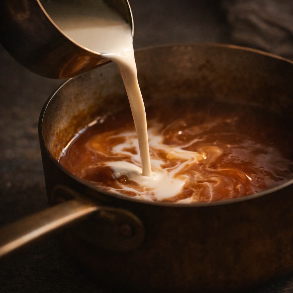 Premium cream being poured, illustrating quality ingredients for gourmet food gifts