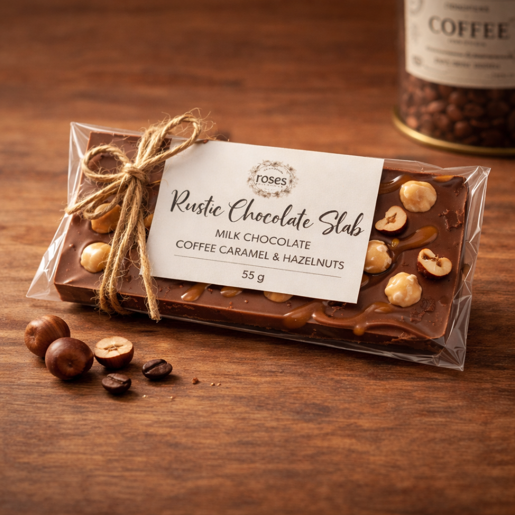 Roses Artisanal Milk Chocolate, Coffee Caramel & Hazelnut Rustic Mini Slab
